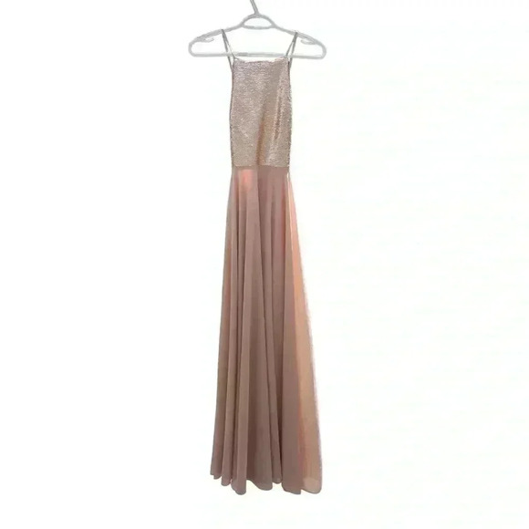 Lulu’s blush/champagne backless maxi dress with sequins on bodice. Size Medium - Picture 2 of 11